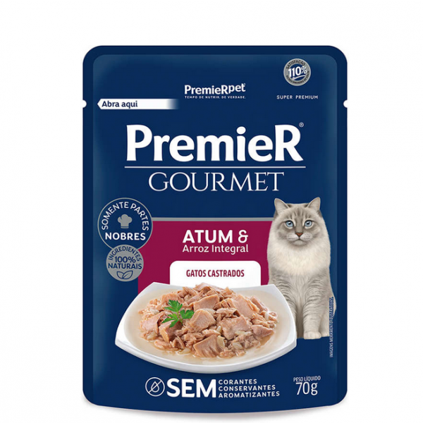 Ração Úmida Premier Gourmet Atum e Arroz Integral para Gatos Castrados 85g